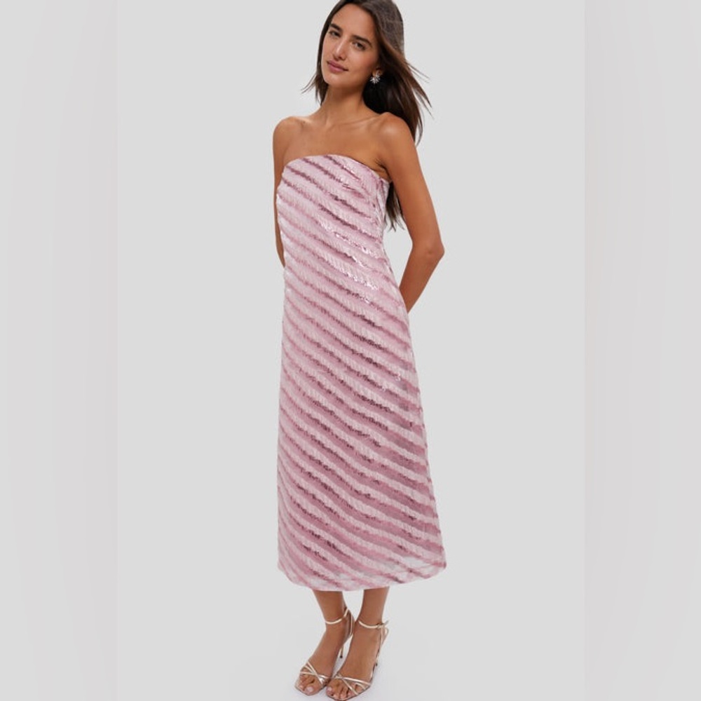 Tuckernuck HYACINTH HOUSE Pink Shimmer Stripes Strapless Midi Dress size small